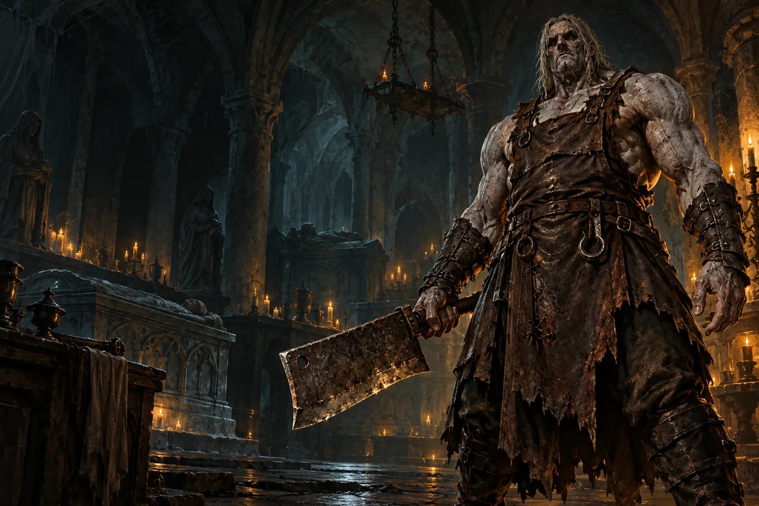 Concept artwork of Hackwell the Flesher, a hulking cleaver-wielding monster in a candlelit stone crypt