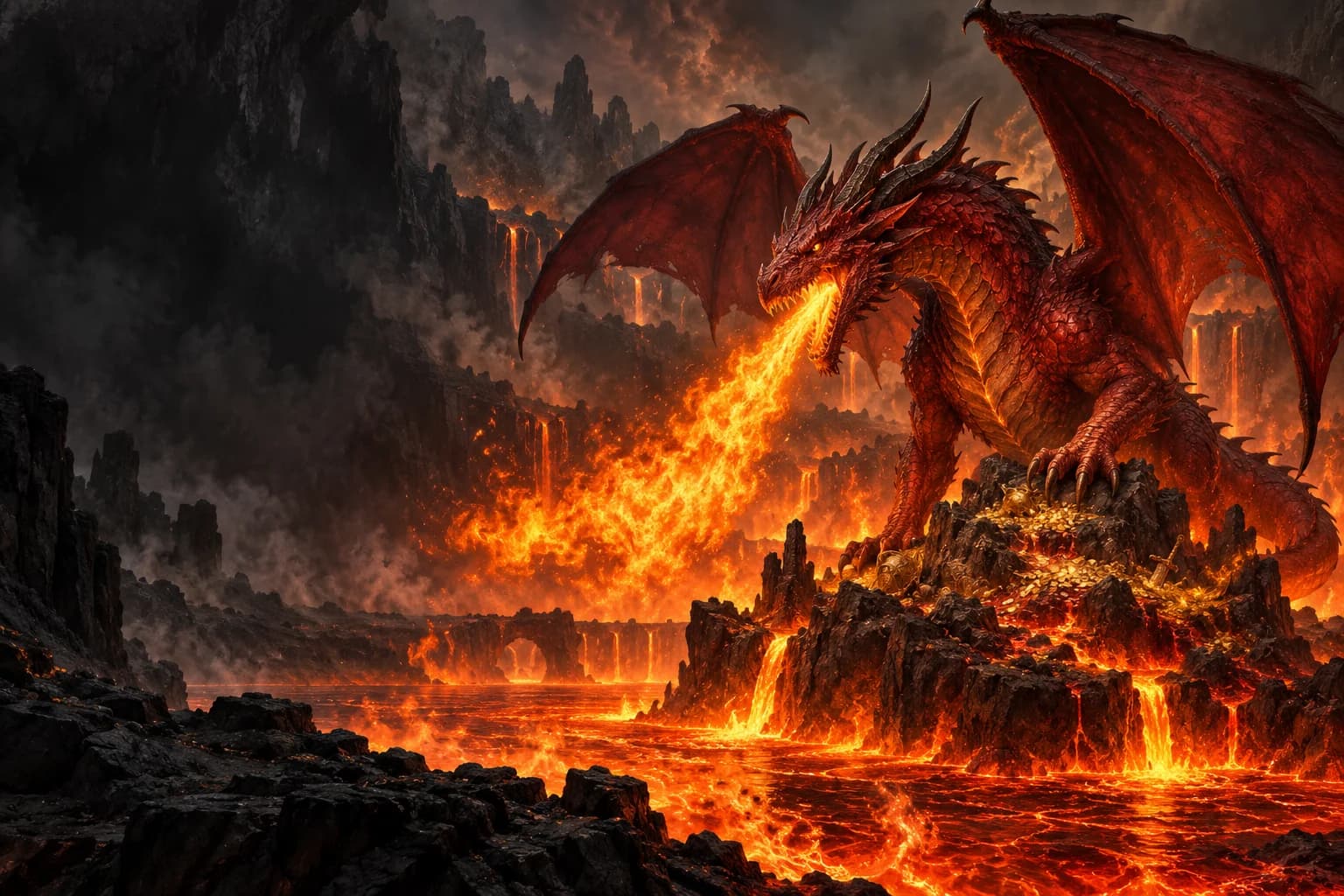 Concept artwork of Pyrrhax the Cinder Wyrm, a red dragon breathing fire from a gold-strewn island surrounded by lava