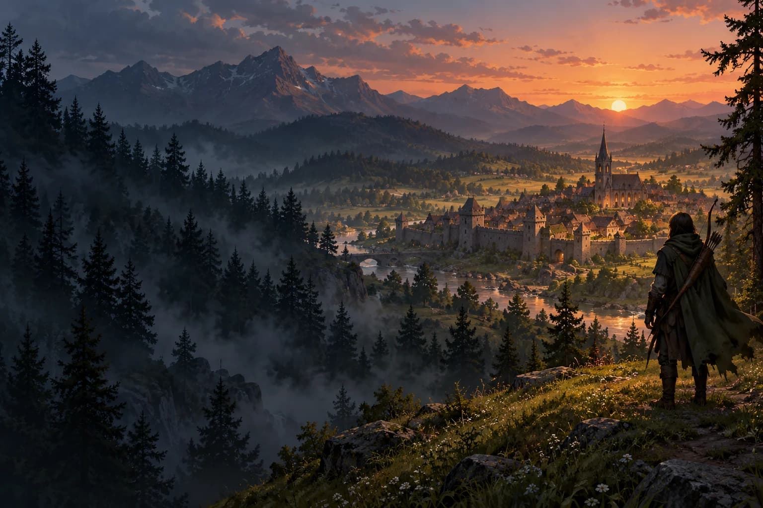 Concept art of a ranger overlooking Sunford and its meadows at dusk